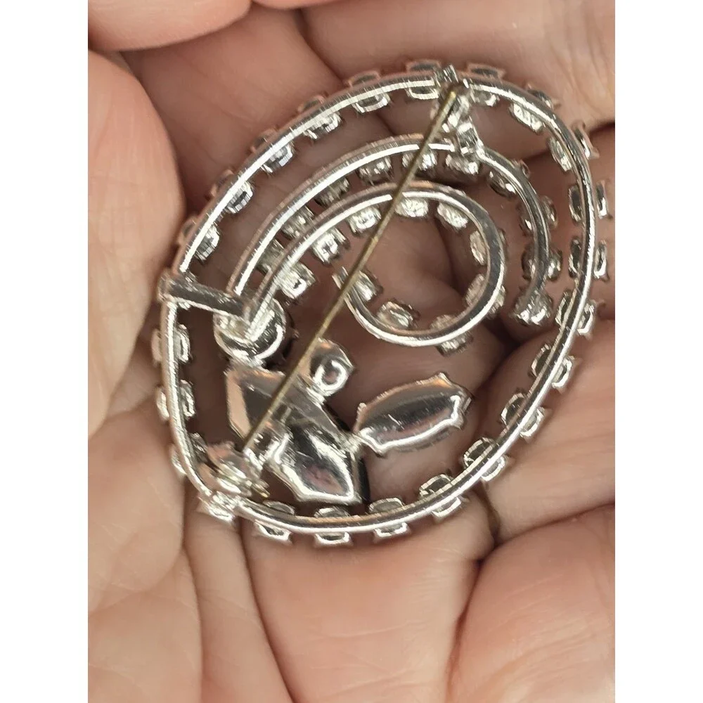 Vintage Black & Clear Rhinestone Swirl Brooch Silver Tone Mid Century Glam #462